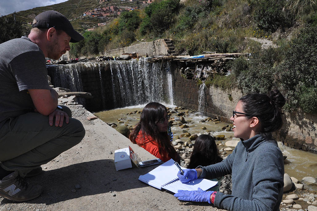 Joe Brown and undergrad Valeria Hernandez discuss some of the field samples the students collected in Bolivia in 2016. The group traveled as part of Brown’s Environmental Technology in the Developing World course. Some of the work they did served as pilot data for Brown’s newly funded Early Career Development award from the National Science Foundation. (Photo Courtesy: Environmental Technology in the Developing World Class)