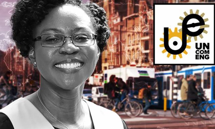 A black and white photo of Professor Adjo Amekudzi-Kennedy layered on top of a color photo of a busy city with the Uncommon Engineer Podcast logo in the corner