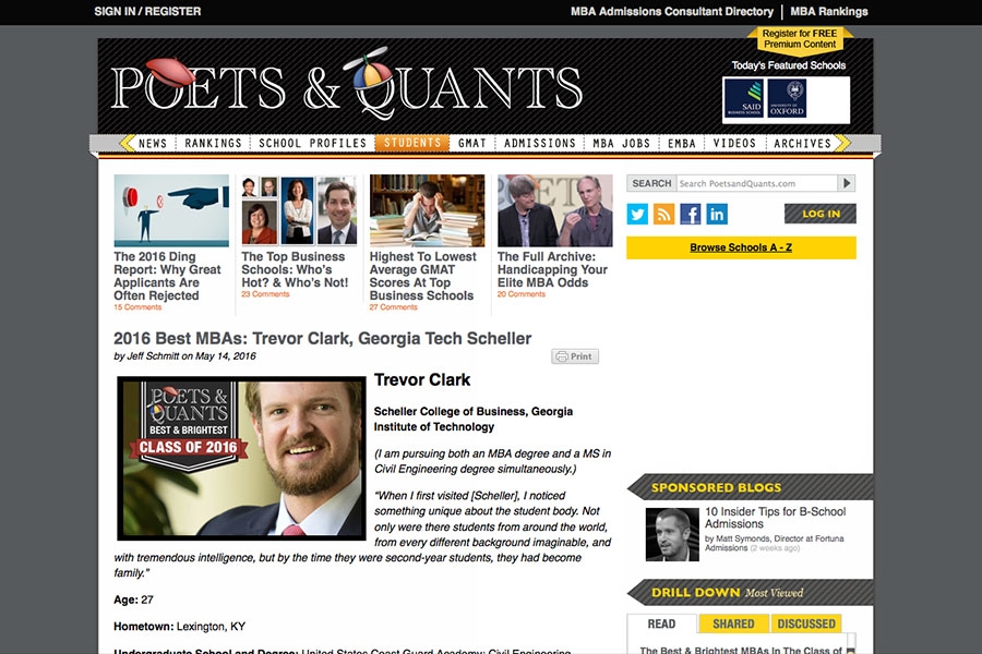 A screenshot of the Poets&Quants website naming master's student Trevor Clark on the nation's best MBA students.