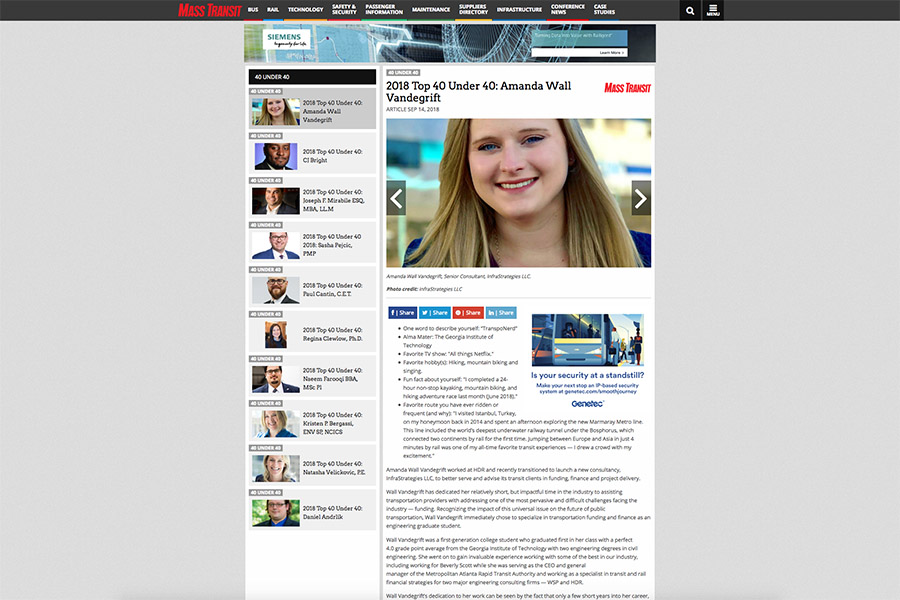 Screenshot of Mass Transit magazine website featuring Amanda Wall Vandegrift as one of the magazine's 2018 Top 40 Under 40.