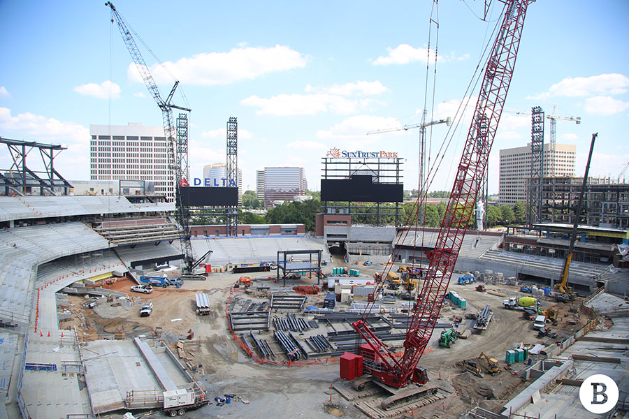 A view of the under-construction new baseball stadium for the Atlanta Braves as seen from the upper level concourse behind home plate. The steel in the middle of the “field” will become part of the sun shade around the top of the ballpark.