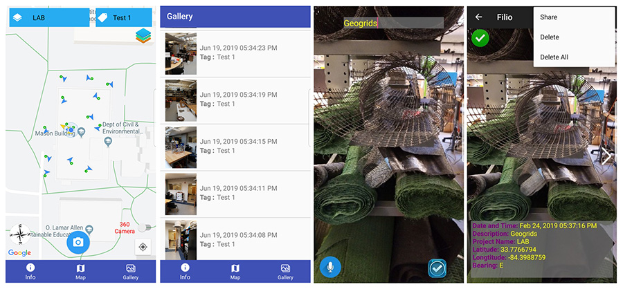 A series of screenshots show various stages of capturing and cataloging photos in the Filio mobile app. From left to right, a map shows all photos associated with a project, including location and direction of the photos. Users can also view photos as a Gallery. In the third screen, a user takes a photo and can immediately create a description using voice-to-text functionality. Then the photo is saved with details of when and where the photo was taken.