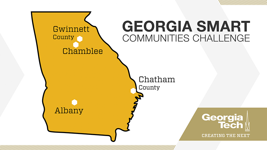 Georgia Smart Communities Challenge graphic with the state of Georgia and the four winning communities, Albany, Chamblee, Chatham County and Gwinnett County.