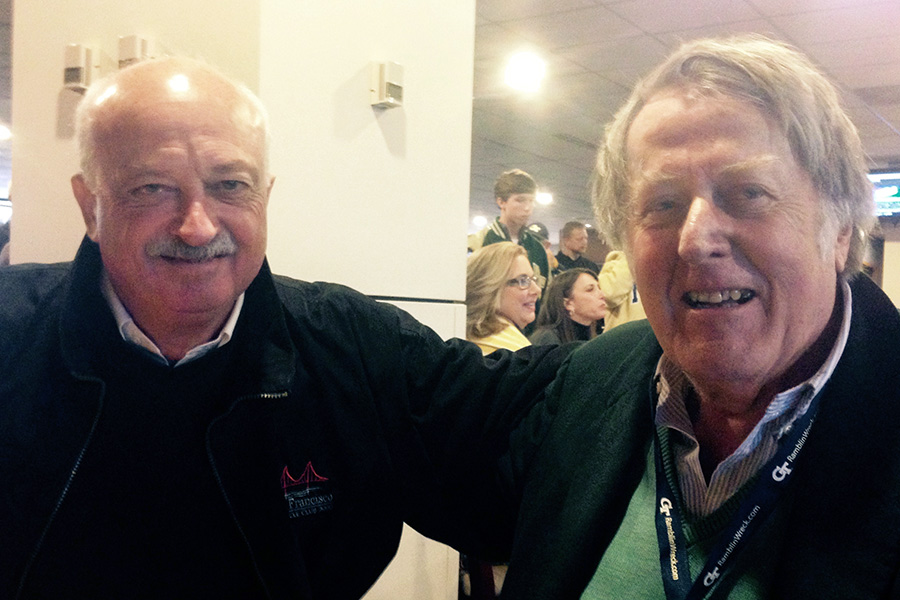 Professor Barry Goodno, left, with Professor Emeritus Samuel Martin at a Georgia Tech football game in November 2014. Goodno said he used to see Martin somewhat regularly at the games and recalled how Martin brought him onto a wind engineering project early in Goodno's time at Tech to help jumpstart his academic career. (Photo Courtesy: Barry Goodno)
