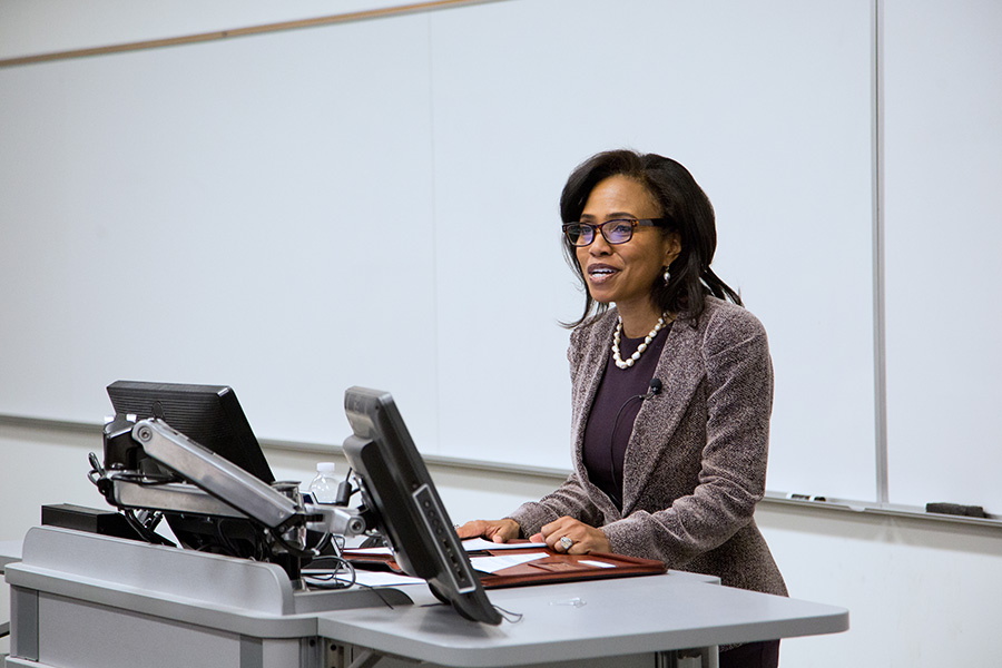 Suzanne Shank delivers the spring 2017 lecture for the School of Civil and Environmental Engineering Kenneth Hyatt Distinguished Alumni Leadership Speaker Series. Shank, BCE 1983, is chairwoman, CEO and co-founder of Siebert Cisneros Shank & Co., a $2 trillion municipal bond and corporate financing firm and the top-ranked minority- and woman-owned municipal bond underwriter in the country. (Photo: Zonglin "Jack" Li)