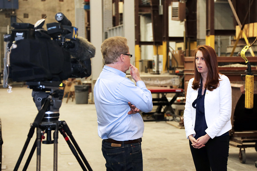 Lauren Stewart talks with WSB-TV's Tom Regan about the Interstate 85 bridge collapse in Atlanta. Stewart said coordinated investigationsof the cause, cleanup of the site, and reconstruction of the highway will likely take months. She was among a handful of School of Civil and Environmental Engineering researchers who offered their engineering expertise to Atlanta and national media in the wake of the disaster. (Photo: Jess Hunt-Ralston)