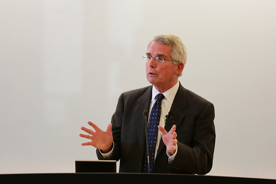 Retired Norfolk Southern Chairman and CEO Charles "Wick" Moorman delivers the School of Civil and Environmental Engineering's Hyatt Distinguished Alumni Leadership Lecture March 9. Moorman, who started his railroading career as a co-op student from Georgia Tech, insists luck has been a central force in a career he says is full of good fortune. (Photo: Zonglin "Jack" Li)