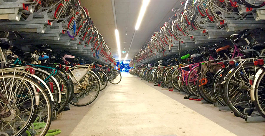 An example of the double-decker bike storage common in transit stations around the Netherlands.