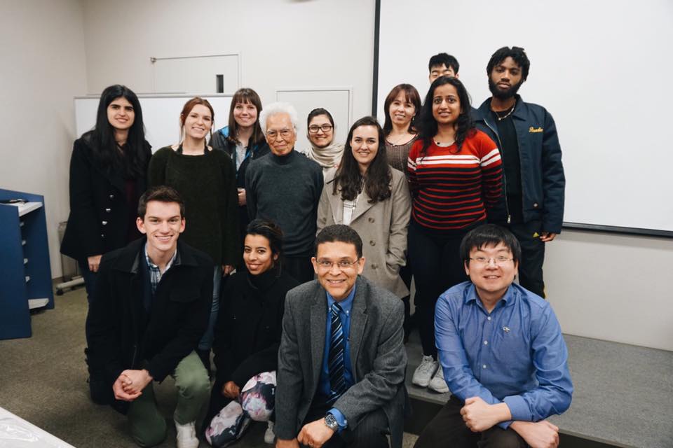 The Origami Engineering class with Koryo Miura, center, the creator of the Miura-ori pattern that was the main design studied during the class. Miura's pattern creates a series of parallelograms that can fold and unfold in a single motion. (Photo Courtesy: Larissa Novelino)