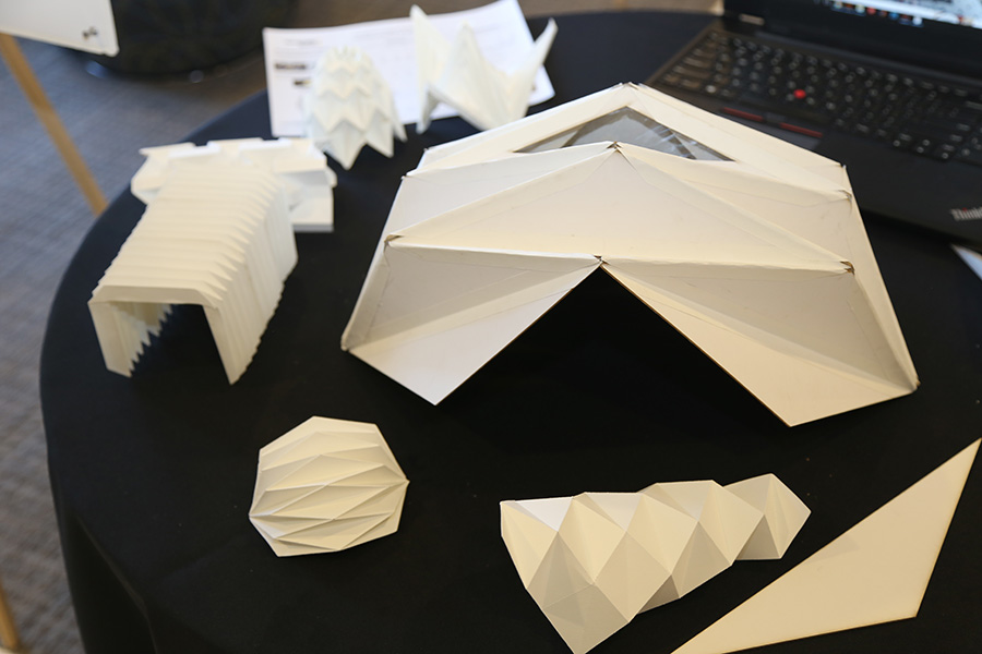 Students in Glaucio Paulino's Origami Engineering class used origami to design for social good. Among the projects they displayed in an end-of-semester "trade show" were an origami-based temporary shelter for homeless people. (Photos: Jess Hunt-Ralston)