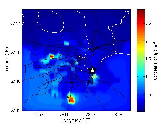 Illustration of the annual average concentration of fine particulate matter (often called PM2.5) that results from burning cow dung cakes.