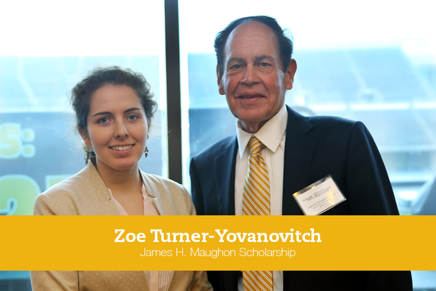 Senior Zoe Turner-Yovanovitch, left, met James Maughon for the first time at the School of Civil and Environvironmental Engineering scholarship lunch March 14. Turner-Yovanovitch has received the scholarship Maughon, BCE 1969, created for civil and environmental engineering students. (Photo: Mariah Austin)