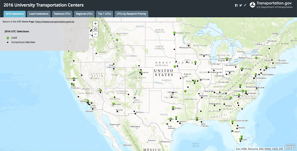 U.S. Department of Transportation map showing all of the newly funded University Transportation Centers and the affiliated universities.