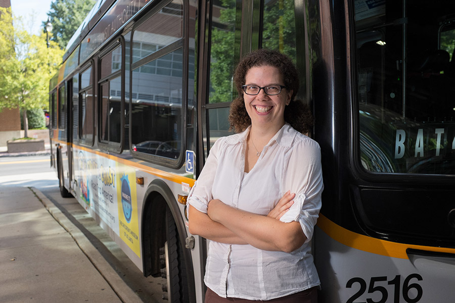 Assistant Professor Kari Watkins added the title of Frederick L. Olmsted Junior Faculty Professor this summer, becoming the first faculty member to occupy the newly created position. Watkins studies multi-modal and sustainable transportation as well as using technology to improve transportation systems. (Photo: Rob Felt)