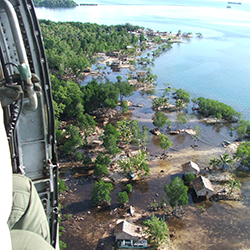Birds-eye view of flooded neighborhood
