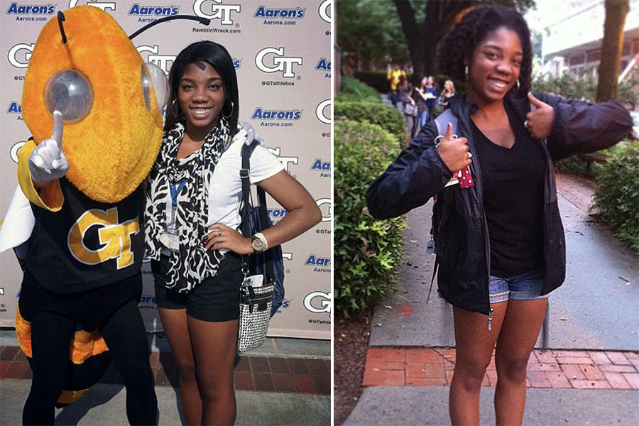 Sharani White with Buzz at FASET in summer 2013, left, and giving a thumbs-up on her first day of classes at Georgia Tech in August 2013. (Photos Courtesy: Sharani White)
