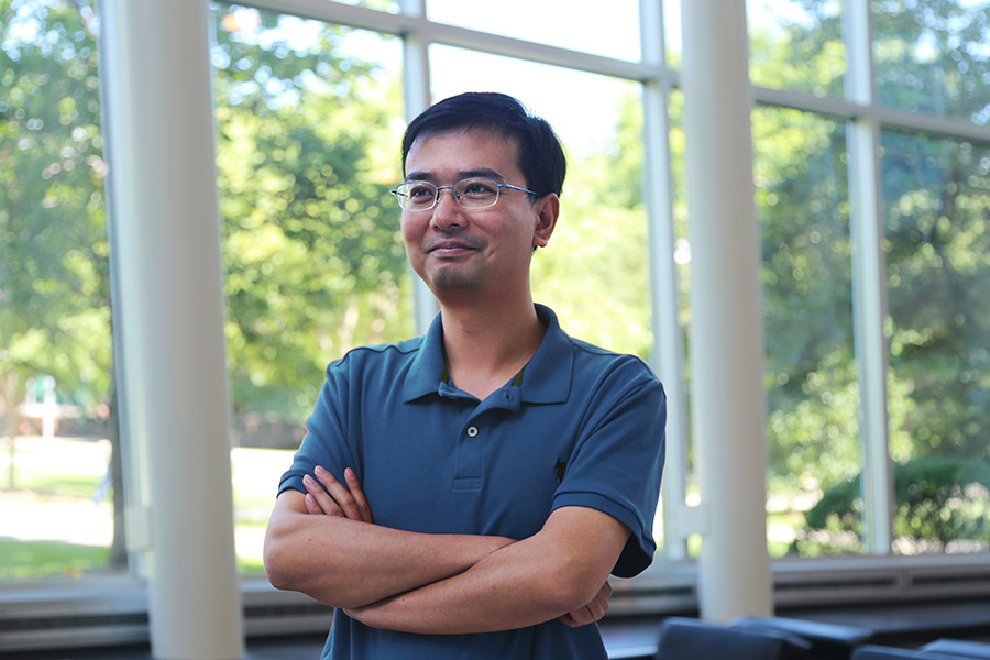 New faculty member Xing Xie stands in the lobby of the Ford Environmental Science and Technology Building. (Photo: Jess Hunt-Ralston)