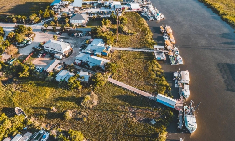 An aerial view of a marina 