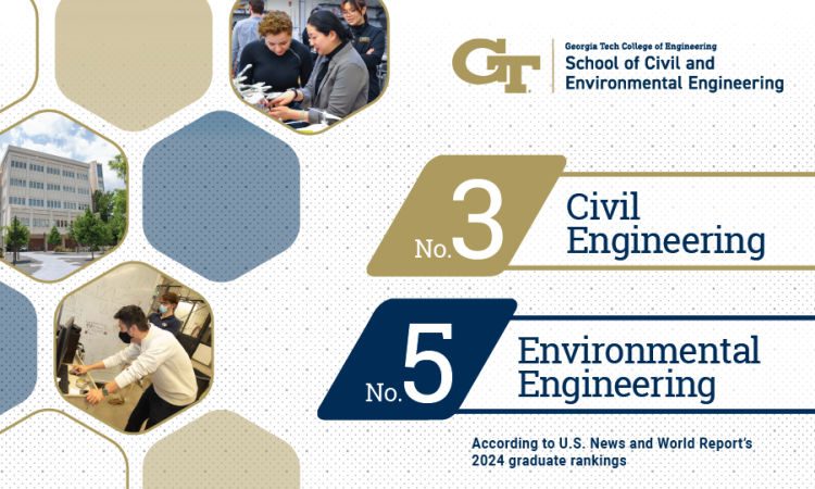 A graphic featuring blue and gold hexagons and photos of students. Text reads No. 3 Civil Enginering and No. 5 Environmental Engineering According to U.S. News and World Report's 2024 graduate rankings 