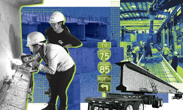 A stylized image of students in hard hats working on a concrete girder