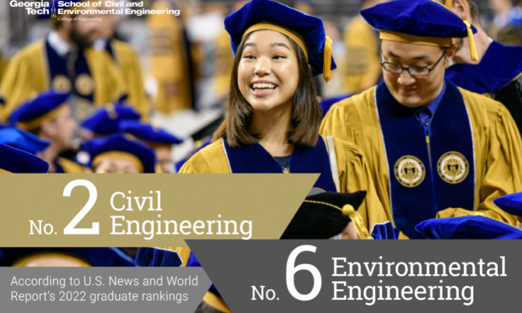 A graphic featuring a woman smiling in commencement regalia with banners reading "Civil Engineering No. 2" and Environmental Engineering No. 6" and "According U.S. News and World Report's 2022 graduate rankings 