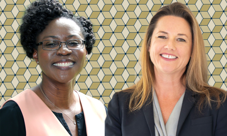 Portraits of Professor Adjo Amekudzi-Kennedy, left, and Professor Kim Kurtis, right, are set against a gold geometric background