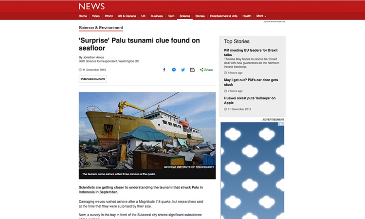 Screenshot of BBC News story about new data collected by Hermann Fritz and his colleagues after the tsunami in Indonesia in September.