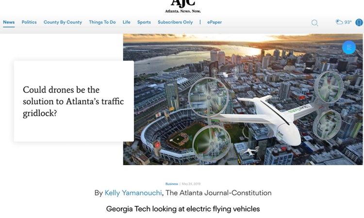 Screenshot of Atlanta Journal-Constitution story "Could drones be the solution to Atlanta's traffic gridlock?" including a rendering of a city with a four-propeller Uber Eats drone flying above.