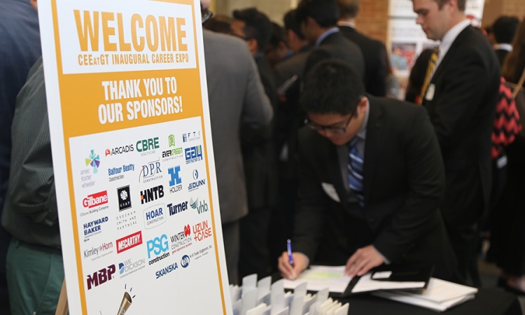 Students wait to meet with company representatives at the 2016 School of Civil and Environmental Engineering Career Expo. Among the firms that had success recruiting at the event were ARCADIS and Skanska, who were inaugural members of the School’s Corporate Affiliates Program and had prominent placement at the expo. (Photo: Jess Hunt-Ralston)