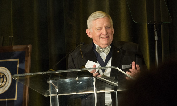 Fred Donovan Sr. speaks at the Georgia Tech College of Engineering Alumni Awards after being inducted in the Engineering Hall of Fame.