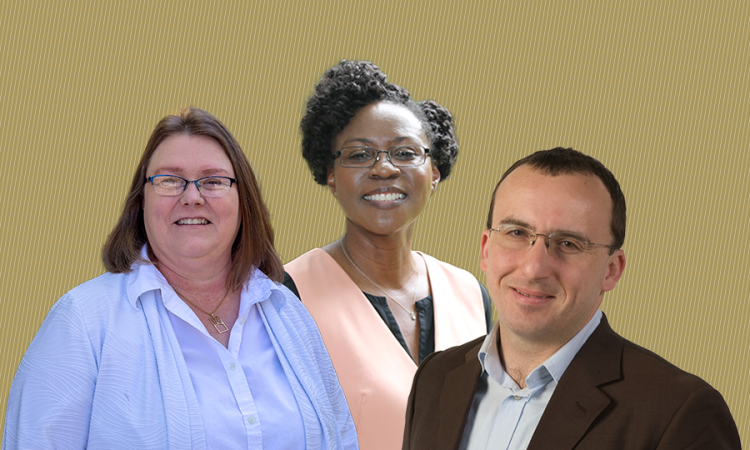 A composite photo on a gold background. From left: Professor Susan Burns, Professor Adjo Amekudzi-Kennedy and Professor Kostas Konstantinidis