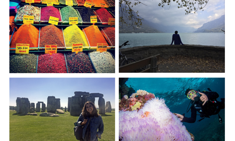 Four photos: Spices in Istanbul, Turkey; a silhouetted figure takes in the water and mountains in Interlaken, Switzerland; a young woman stands in front of Stonehenge in England; and a dive swims near colorful coral at the Great Barrier Reef.