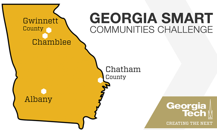 Georgia Smart Communities Challenge graphic with the state of Georgia and the four winning communities, Albany, Chamblee, Chatham County and Gwinnett County.