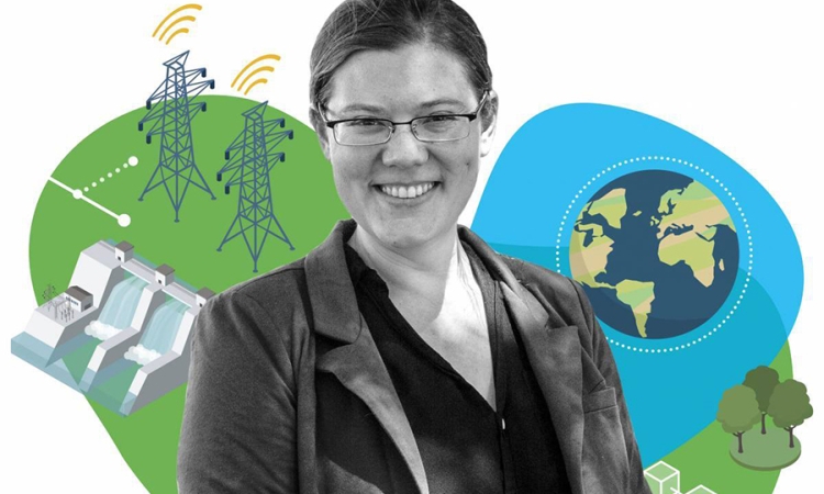 A black and white portrait of Assistant Professor Emily Grubert in front of green and blue graphics of the earth, environment and infrastructure. 