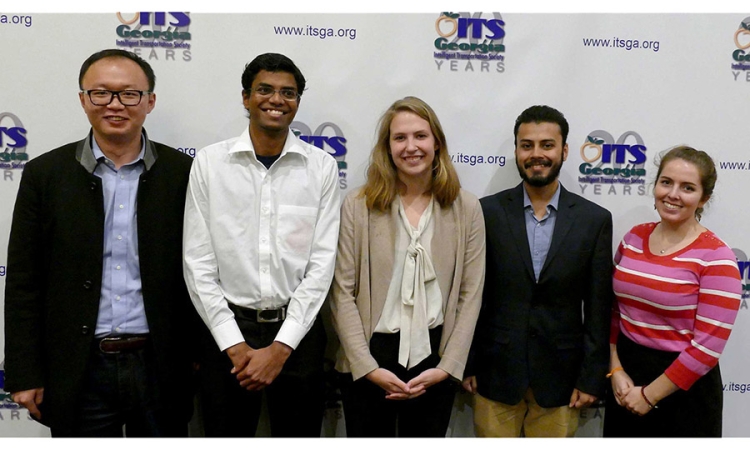 Five School of Civil and Environmental Engineering students have won Wayne Shackelford Scholarships from the Intelligent Transportation Society Georgia chapter. From left, Haobing Liu, Cibi Pranav, Lauren Gardner, Anirban Chatterjee and Zoe Turner-Yovanovitch each had to suggest smart technologies governments could use to improve urban mobility. (Photo Courtesy: ITS Georgia)