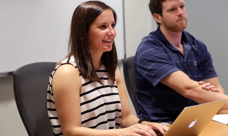 Ph.D. student Chloe Johansen meets with her TI:GER program group in October 2016 to talk about their project. (Photo: Joshua Stewart)