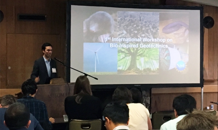 Alejandro Martinez welcomes engineers, biologists, physicists and others to the First International Workshop on Bio-Inspired Geotechnics in May at the University of California, Davis. The unique gathering aimed to better define the emerging field of bio-inspired geotechnics and connect researchers from a broad range of disciplines to collaborate on groundbreaking ideas in the area. (Photo: Noah Pflueger-Peters/UC Davis)