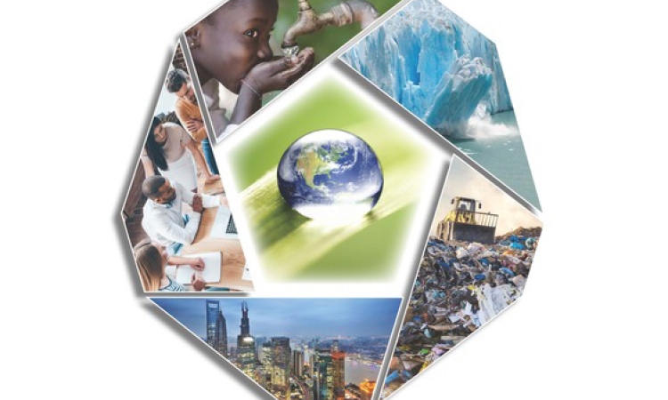 Cover design for the new National Academy of Engineering report, "Environmental Engineering for the 21st Century: Address Grand Challenges." It features the Earth in the center with photos around the circumference of a child drinking water from a spigot, a piece of glacier breaking off, a bulldozer atop piles of trash, a city skyline, and professional-looking people gathered around a laptop.