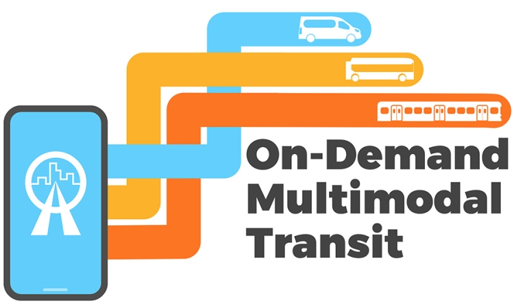 A graphic featuring a smart phone with yellow, blue and orange lines next to the words On-Dmand Multimodal Transit