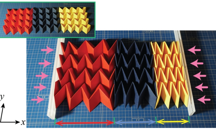 Red, navy blue and yellow paper folded into origami structures illustrate how the shapes change when pressure is applied. 