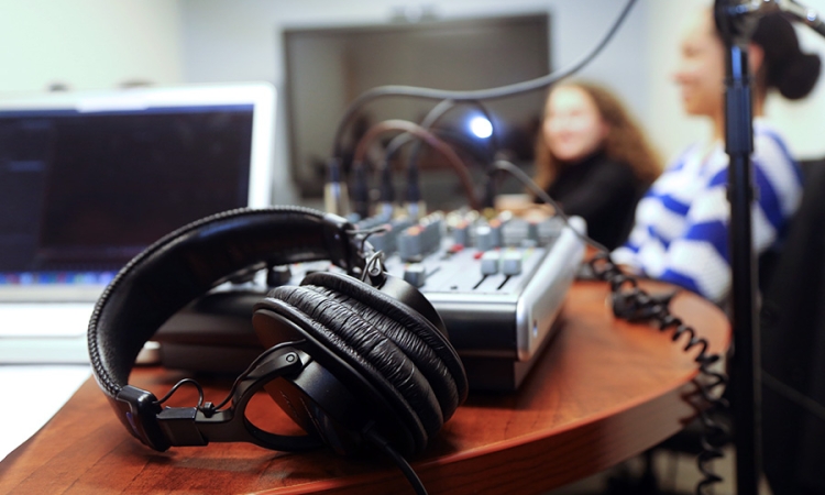Headphones and a sound board before a recording for the first edition of the School of Civil and Environmental Engineering's new "Field Notes" podcast. (Photo: Jess Hunt-Ralston)