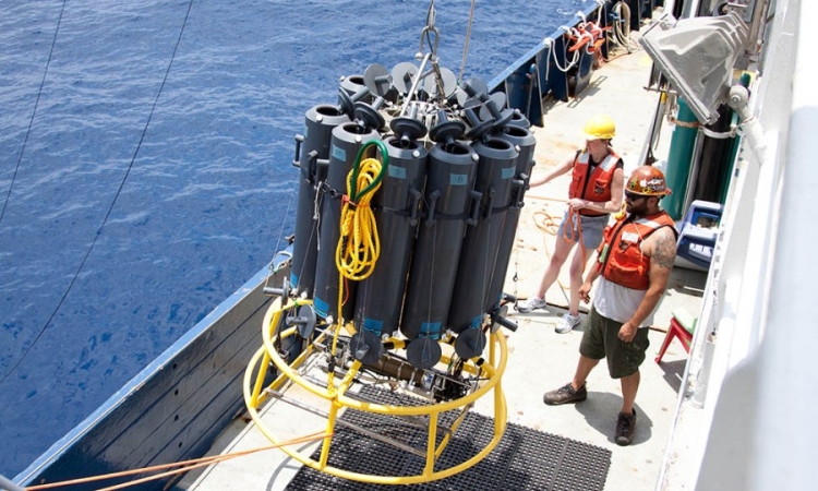 Researchers Liz Robertson from the University of Southern Denmark and Josh Manger from the University of California, San Diego, ready a sample collector off Mexico's Pacific coast. They’re part of a research team that discovered bacteria making oxygen minimum zones in the ocean even deader by sucking up all life-giving nitrogen molecules. (Photo: Heather Olins)