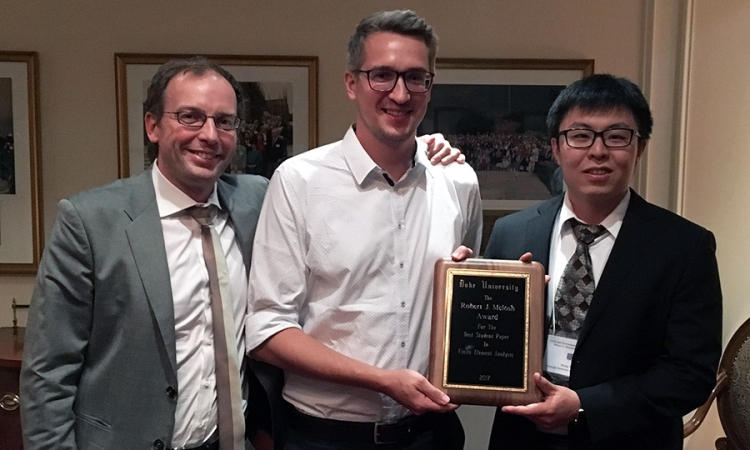 Civil engineering Ph.D. student Heng Chi, right, won the Robert J. Melosh Medal from Duke University in late April. Chi, who is the first Georgia Tech student ever to win the prestigious competition in computational mechanics, stands with co-winner Matthias Mayr, center, from Technical University of Munich, and Duke Associate Professor Guglielmo Scovazzi. (Photo Courtesy: John Dolbow/Duke University)