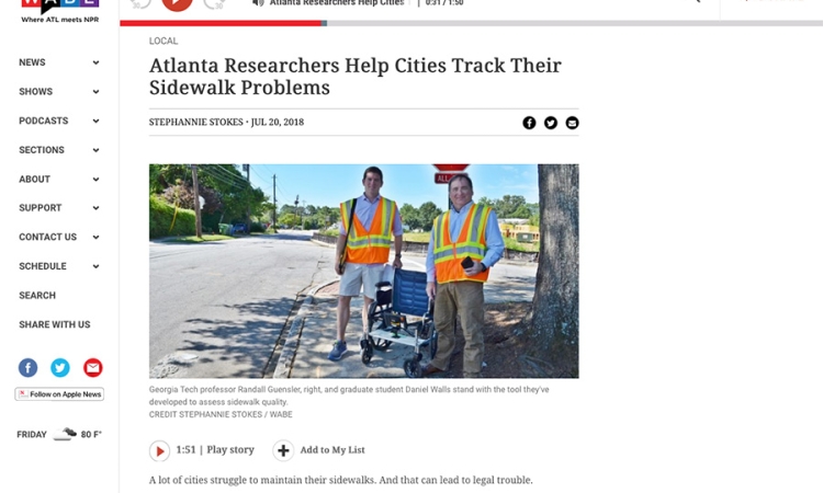 Screenshot of WABE-FM website featuring Randall Guensler and Daniel Walls explaining their simple wheelchair-based system for cataloging sidewalk conditions.