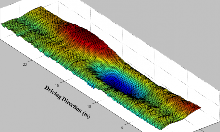 Georgia Tech and Georgia Department of Transportation researchers have earned an award for their work to automatically detect cracks, ruts and other pavement issues on the state's highways. Their system uses lasers and artificial intelligence to also detect and catalog roadside signs. This image shows an automatically detected pavement rut modeled in 3-D. (Image: James Tsai)