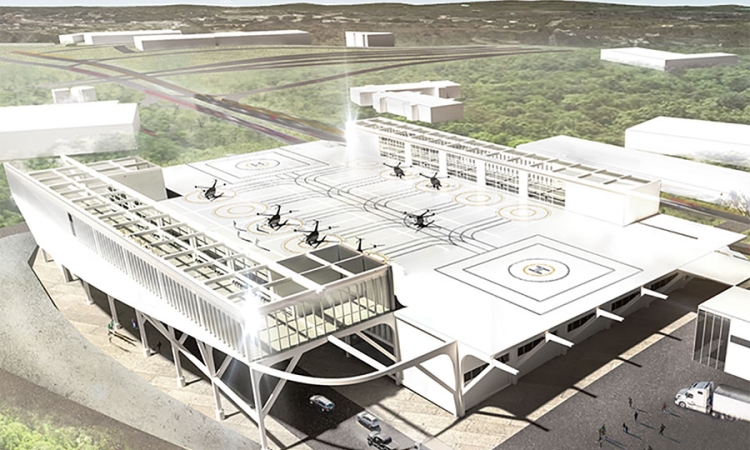 Rendering of a two-story air-mobility hub with a landing area for four-rotor aircraft and a lower level for vehicle traffic. If the new Center for Urban and Regional Air Mobility has its way, "vertiports" like this may soon be as popular as bus stops for city commuters and package transport. (Illustration: Yongmin Kim)