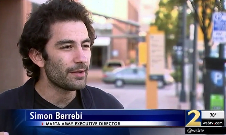 Screen shot of Ph.D. student Simon Berrebi's interview with WSB-TV in Atlanta about his group's effort to crowdfund trash cans for East Point bus stops.