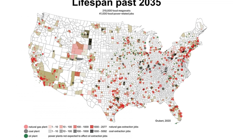 A map of the United States uses color to illustrate the lifespan of existing power plants