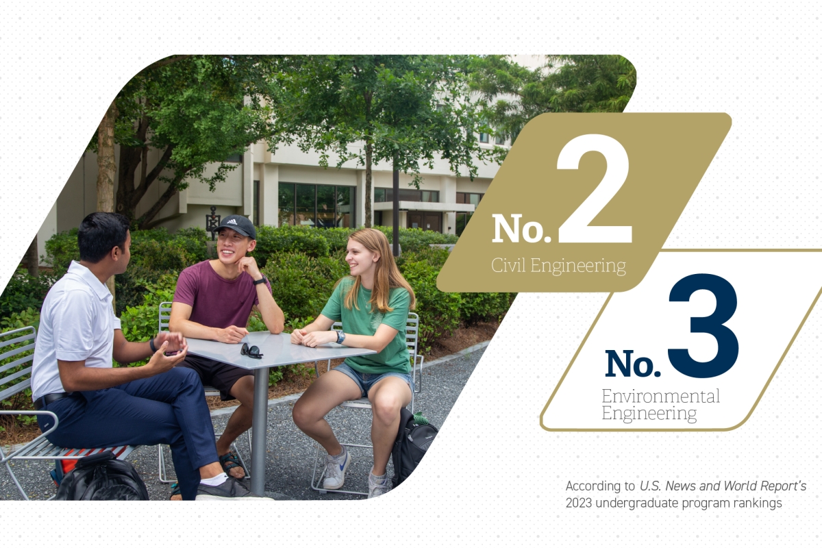 An image of three people sitting at an outdoor table. To the right, a graphic says Number 2 Civil Engineering, Number 3 Environmental Engineering.  