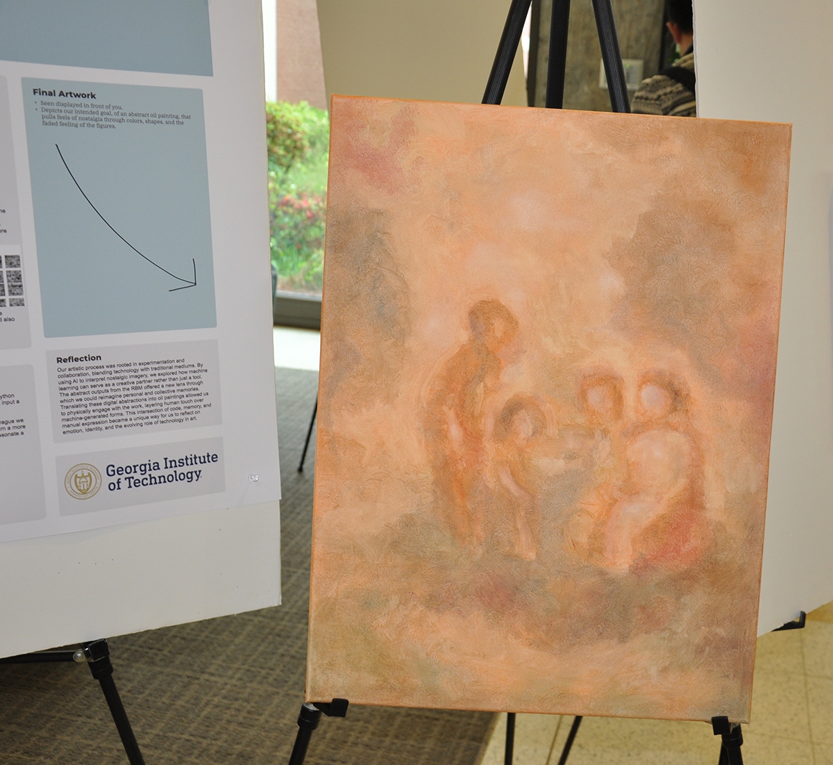 An abstract oil painting, mainly pale peach in color on an easel